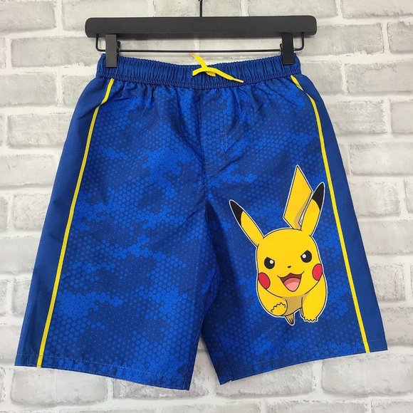 Pokemon Pikachu Rash Guard Boy Swim Trunks Polyester Lining Sz 10/12 Blue Yellow - Picture 1 of 7